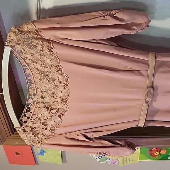 Vintage 1950's Dusty Pink Lace Top Dress 3/4 Length Sleeve Size S - Picture 2 of 9